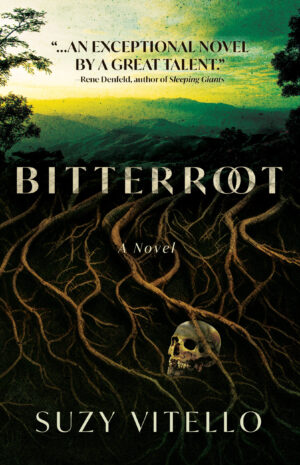 An image of the Bitterroot book cover that features a view of sprawling green land on the top and a view of underground in the bottom half with long roots and a skull.
