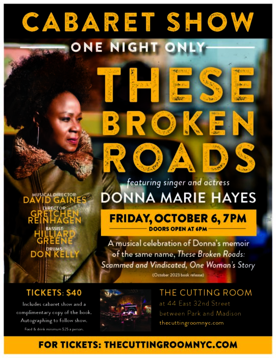 Event Flyer for Cabaret Night Featuring Donna Marie Hayes to Release Her New Memoir These Broken Roads