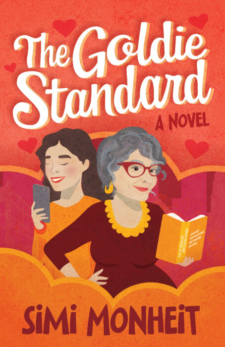 Image of The Goldie Standard book cover that feature a cartoonish young woman on the phone and an older woman holding a book.