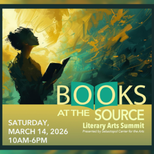 the silhouette of a woman reading a book with the words "Books at the Source: Literary Arts Summit" over it.