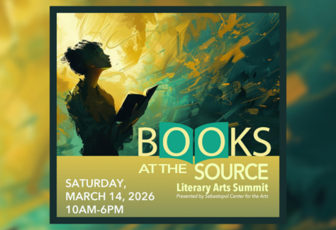the silhouette of a woman reading a book with the words "Books at the Source: Literary Arts Summit" over it.