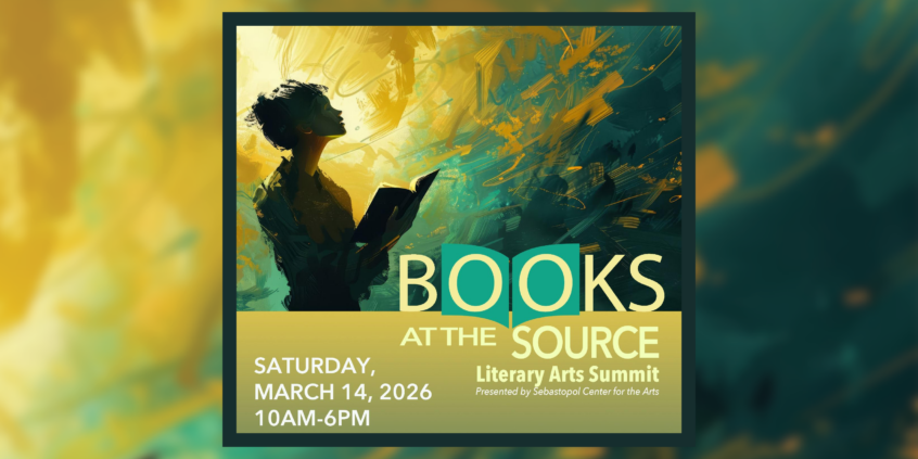 the silhouette of a woman reading a book with the words "Books at the Source: Literary Arts Summit" over it.